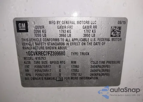 2015 Chevrolet Silverado 1500 1Lt from USA, damaged, VIN 1GCVKREC7FZ399680